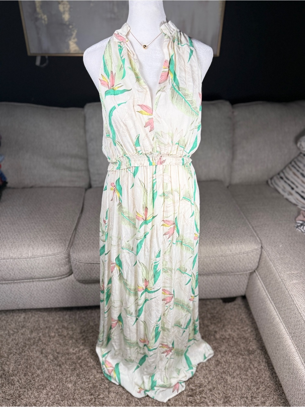 Z Supply Cream Floral Halter Maxi Dress with Green & Pink Accents